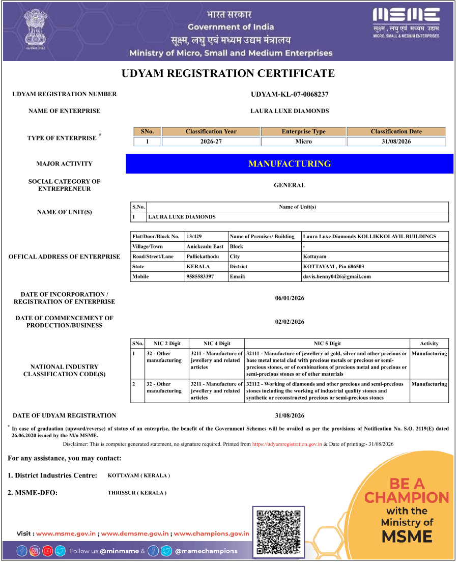 Government of India Udyam Registration Certificate for Laura Luxe Diamonds