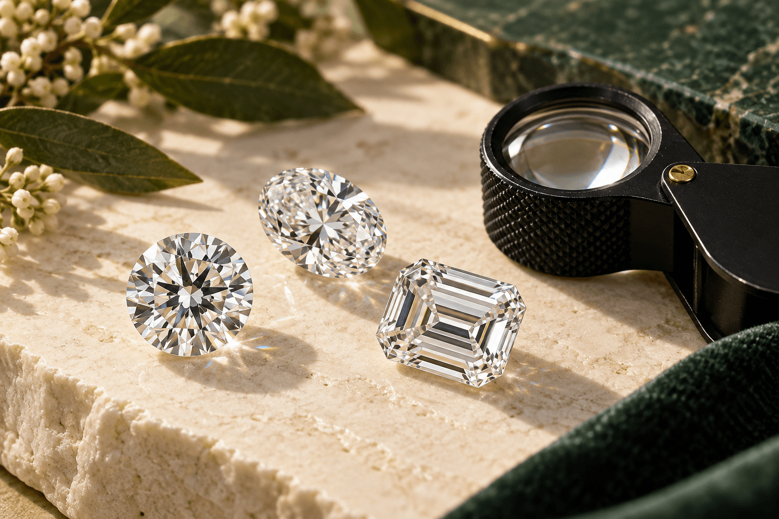 Round, oval and emerald-cut diamonds beside a jeweller’s loupe