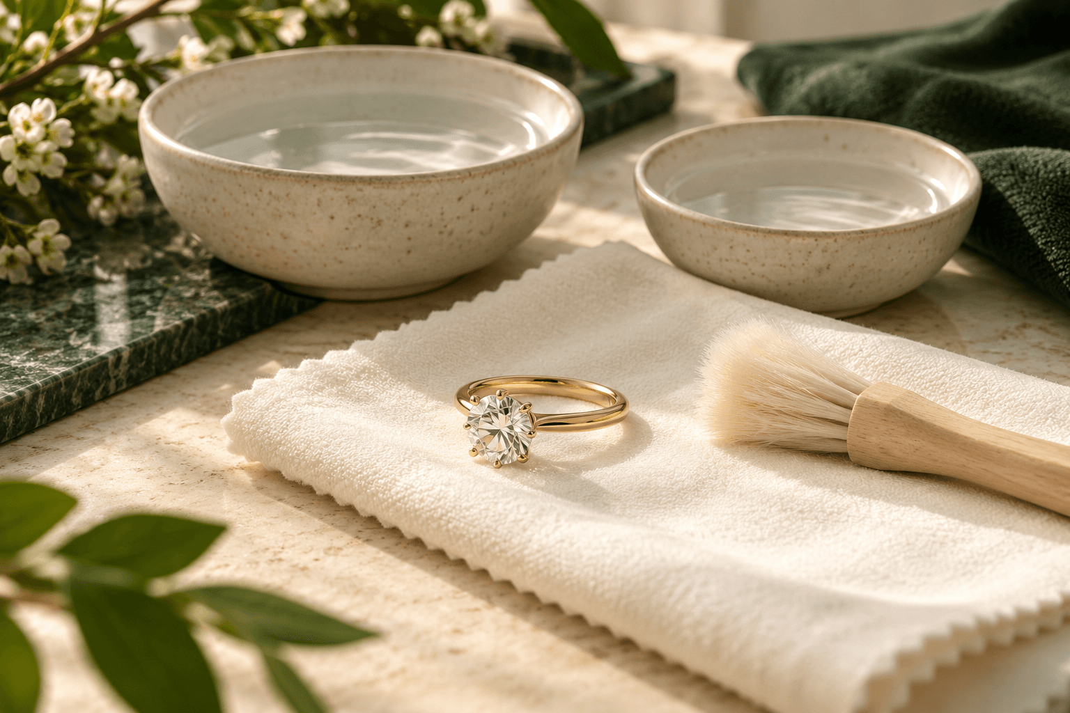 Diamond ring with a soft cloth, brush and bowls for gentle cleaning