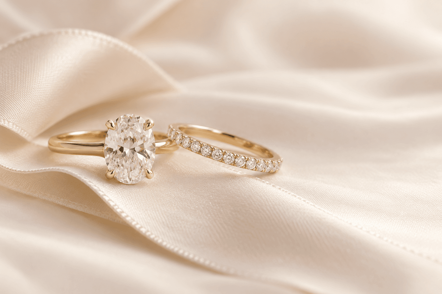 Yellow gold engagement ring paired with a fine diamond wedding band